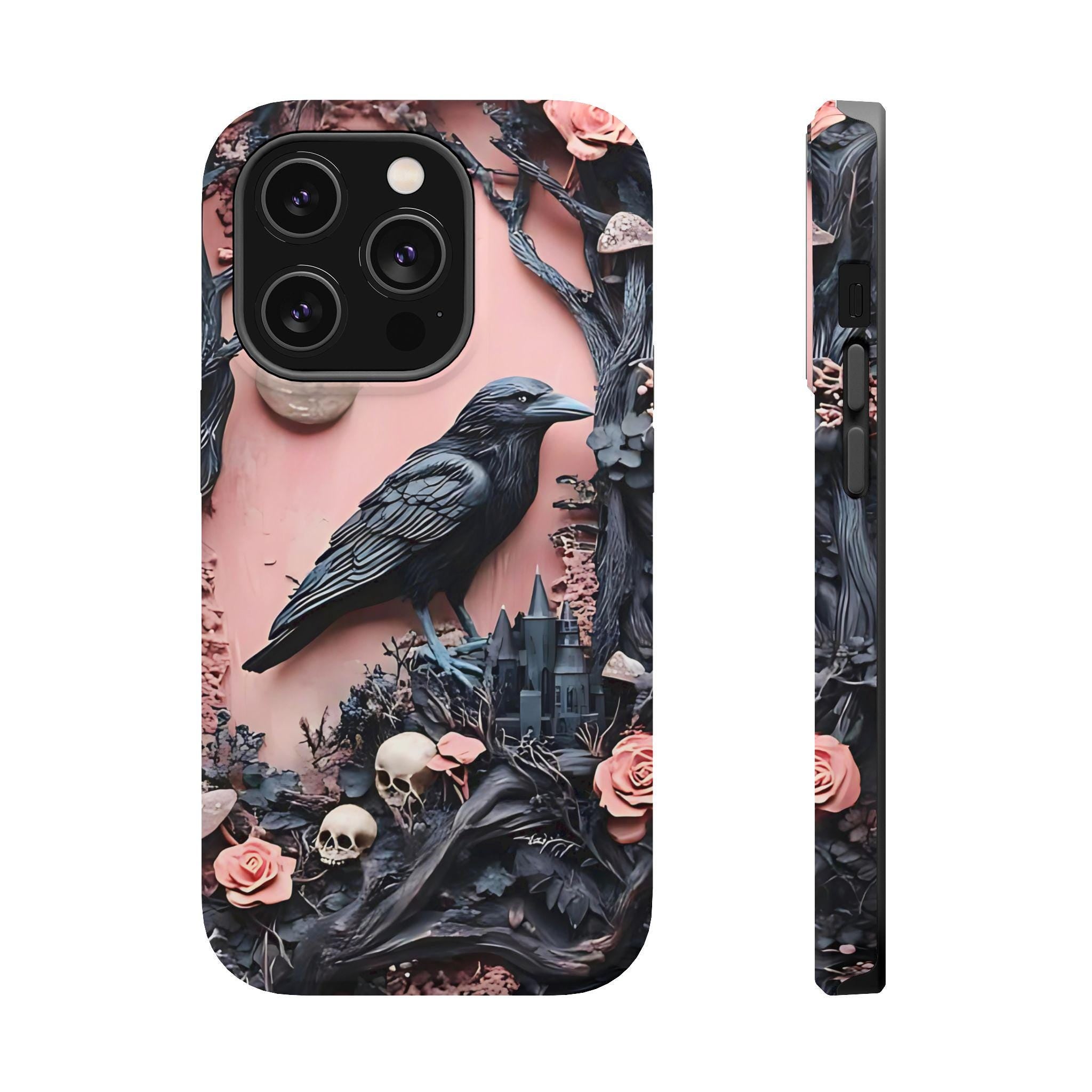 Gothic Raven iPhone Case: Pastel Floral Faux Carved Design, Magnetic Tough Case