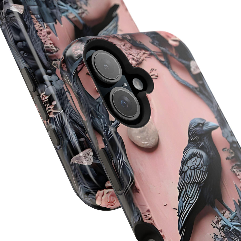 Gothic Raven iPhone Case: Pastel Floral Faux Carved Design, Magnetic Tough Case