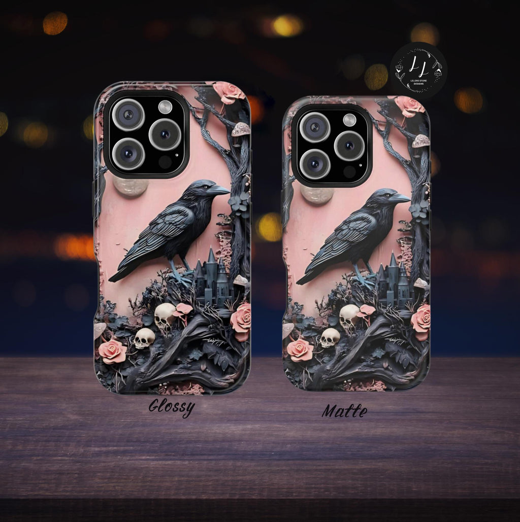 Gothic Raven iPhone Case: Pastel Floral Faux Carved Design, Magnetic Tough Case