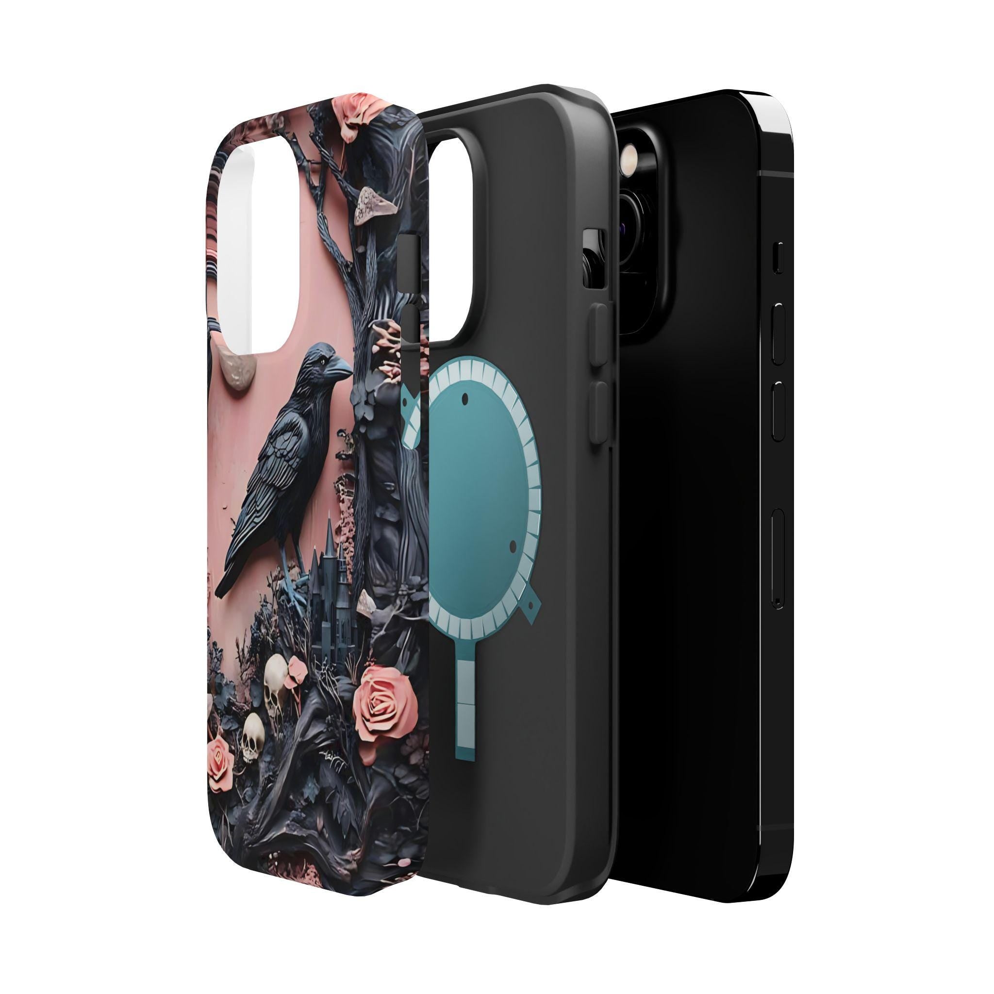 Gothic Raven iPhone Case: Pastel Floral Faux Carved Design, Magnetic Tough Case