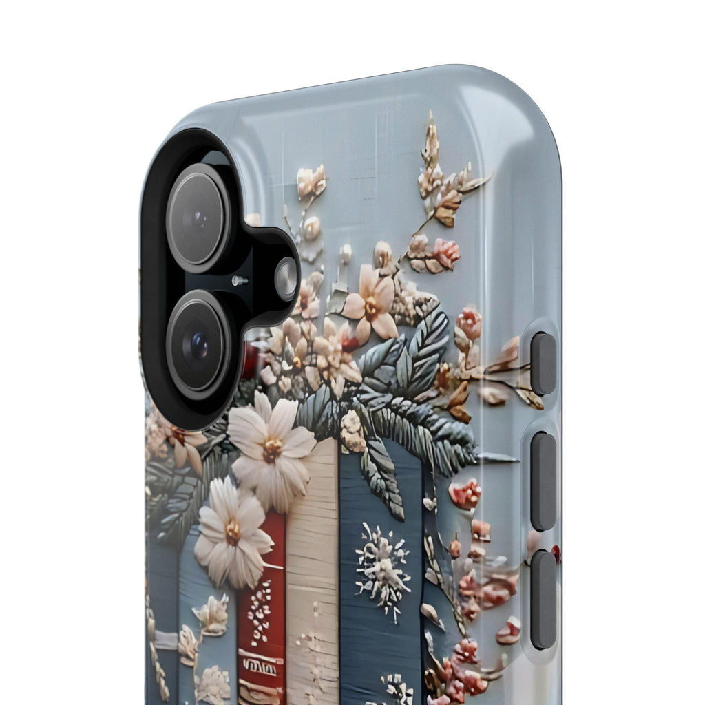 Boho Bookish MagSafe iPhone Case: Faux Embroidered Bookshelf & Coffee Cup