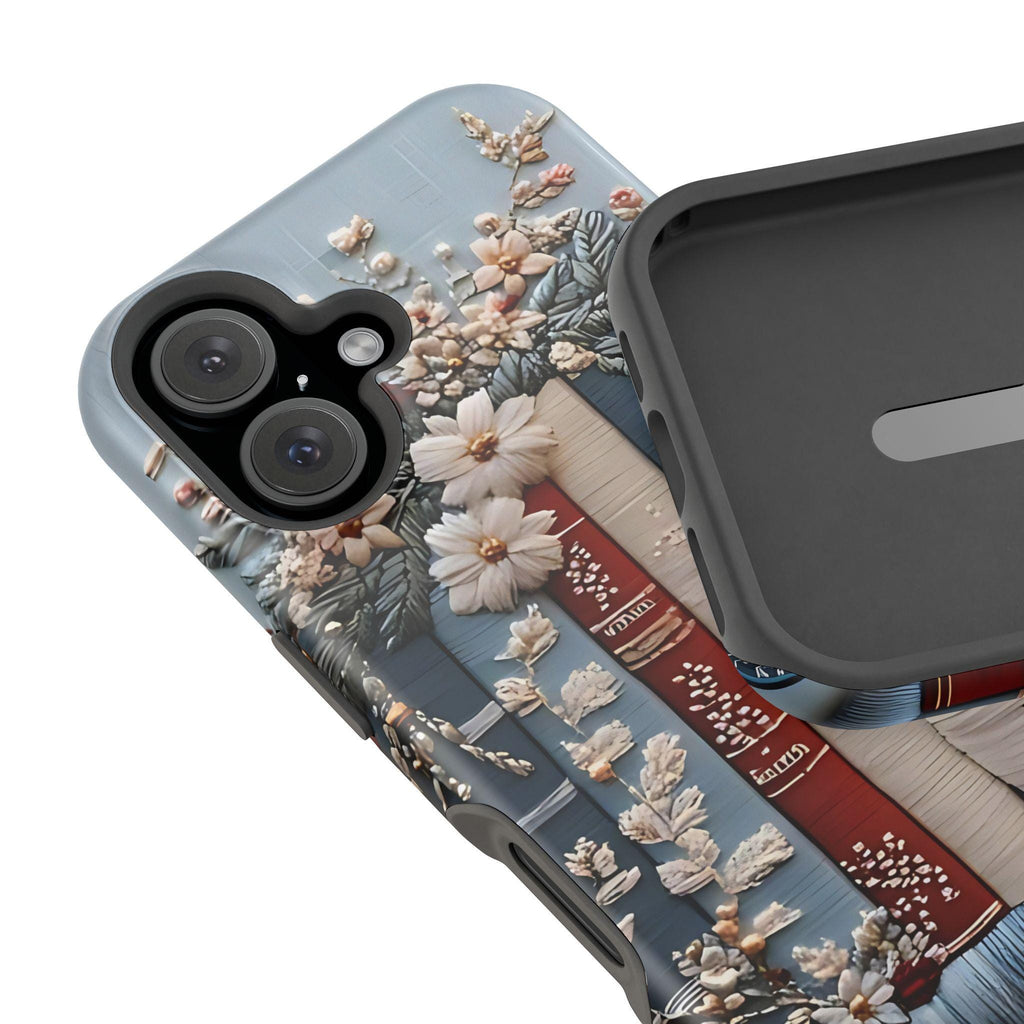 Boho Bookish MagSafe iPhone Case: Faux Embroidered Bookshelf & Coffee Cup