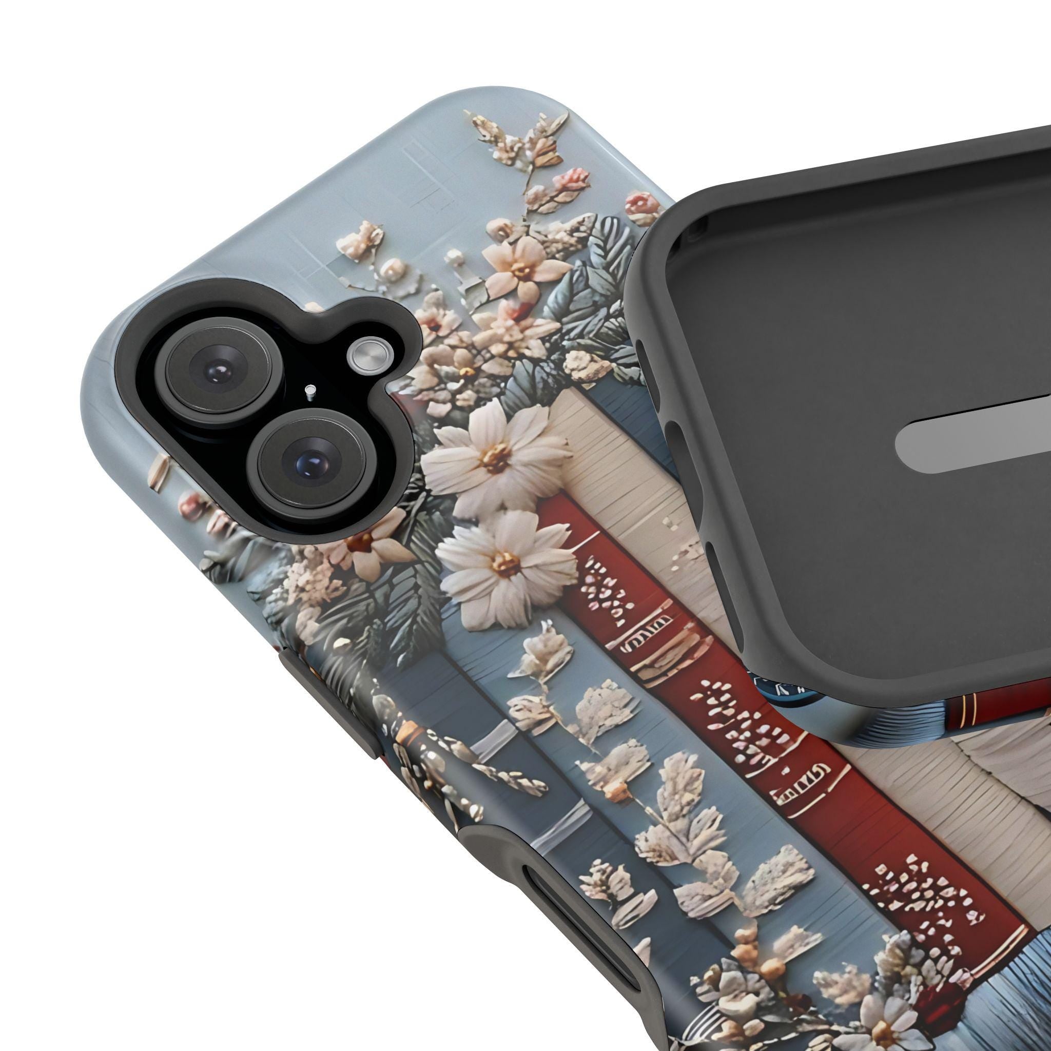 Boho Bookish MagSafe iPhone Case: Faux Embroidered Bookshelf & Coffee Cup