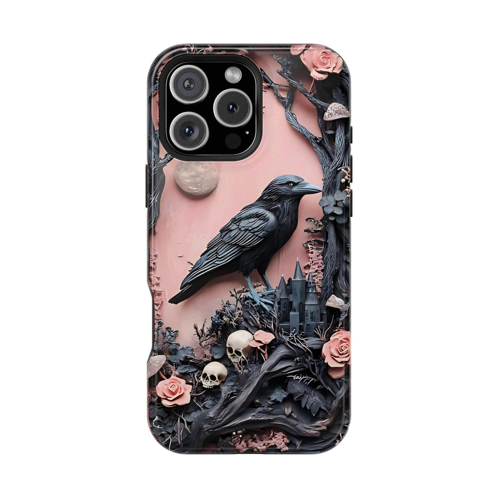 Gothic Raven iPhone Case: Pastel Floral Faux Carved Design, Magnetic Tough Case