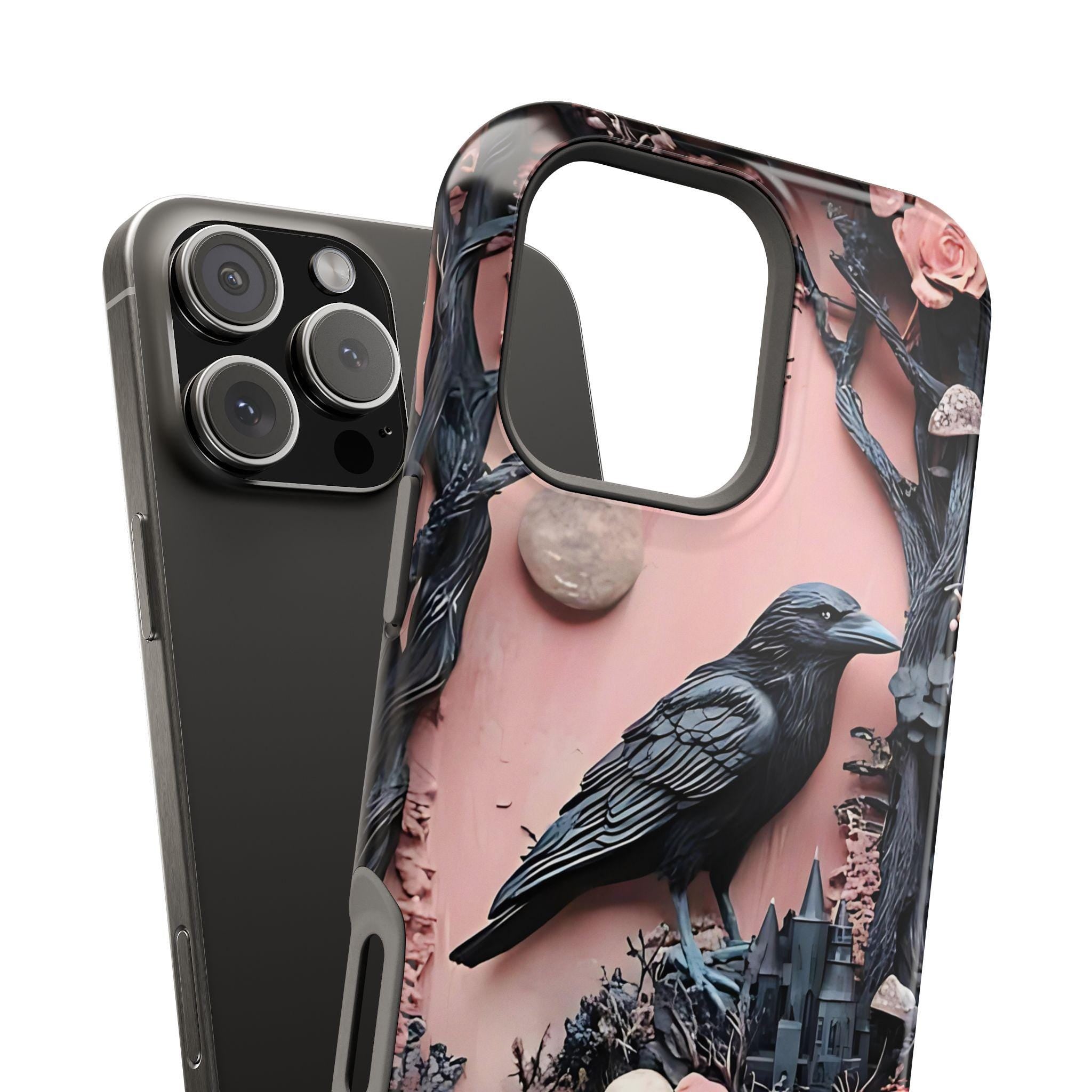 Gothic Raven iPhone Case: Pastel Floral Faux Carved Design, Magnetic Tough Case