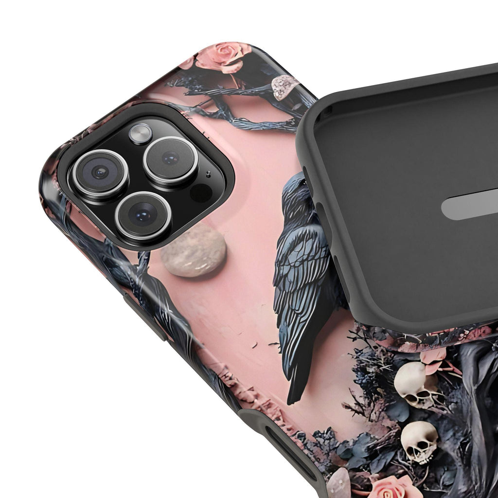 Gothic Raven iPhone Case: Pastel Floral Faux Carved Design, Magnetic Tough Case