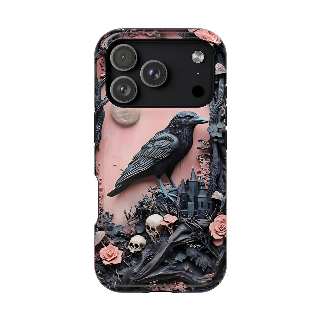 Gothic Raven iPhone Case: Pastel Floral Faux Carved Design, Magnetic Tough Case