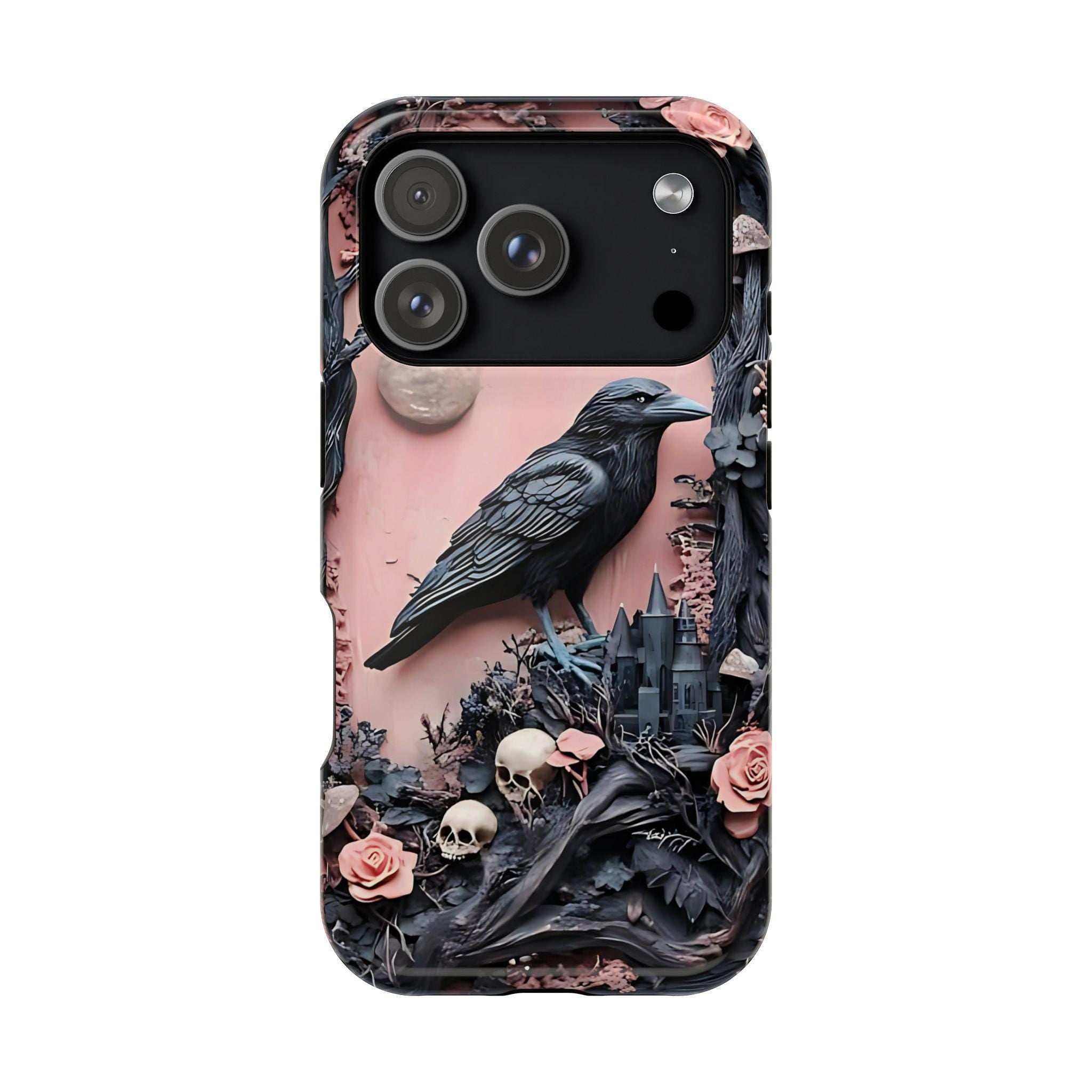 Gothic Raven iPhone Case: Pastel Floral Faux Carved Design, Magnetic Tough Case