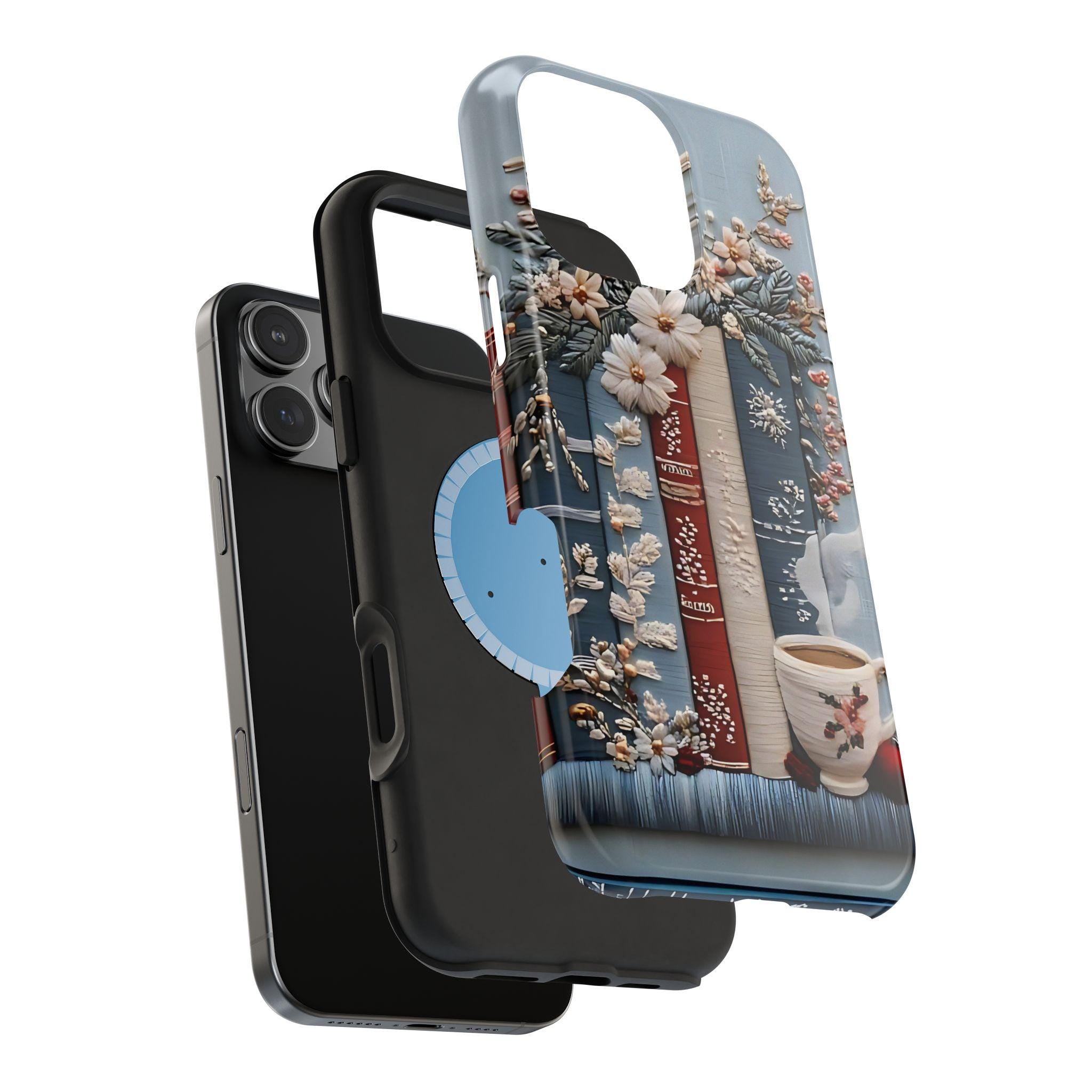 Boho Bookish MagSafe iPhone Case: Faux Embroidered Bookshelf & Coffee Cup