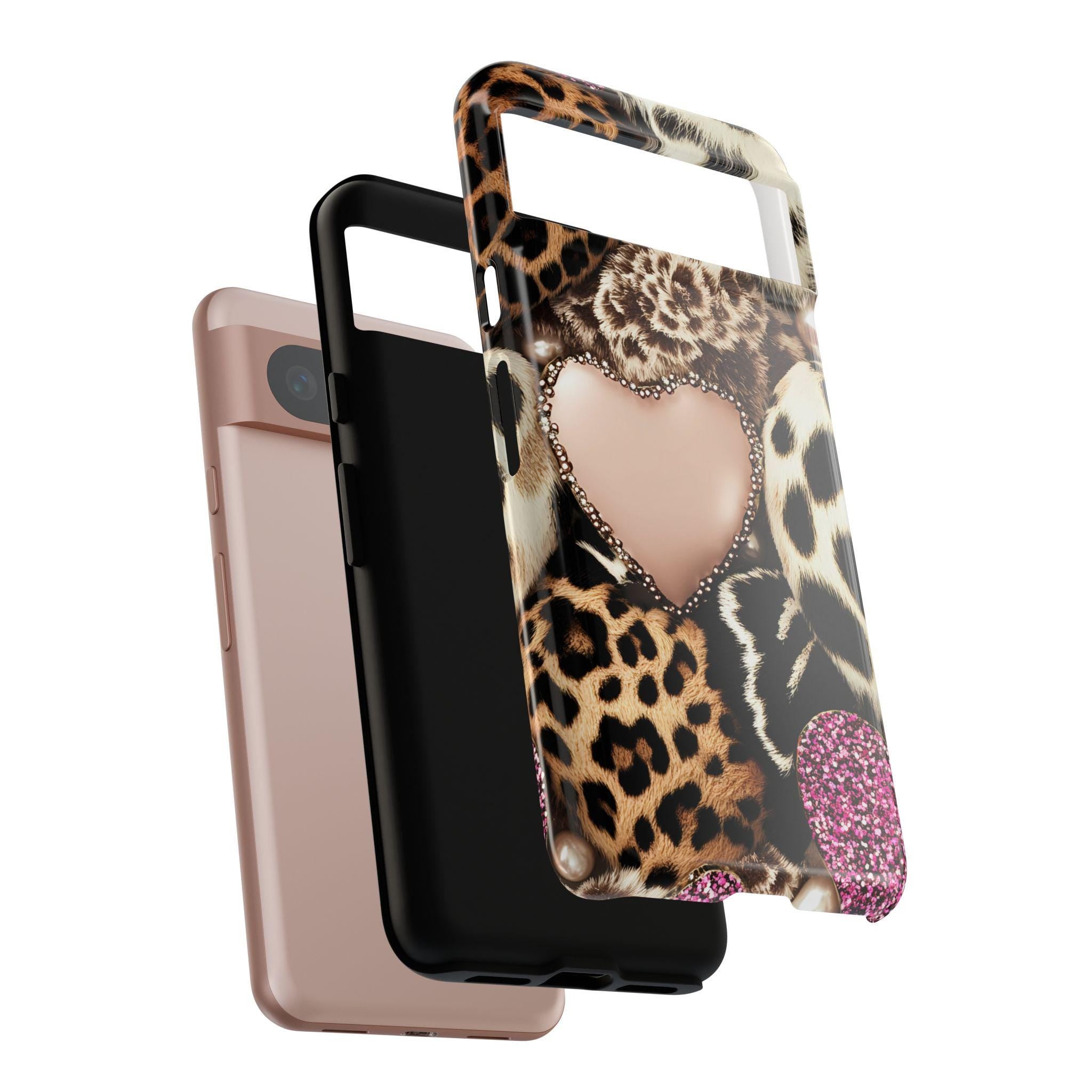 Pink Glitter Leopard Print Hearts Phone Case iPhone Galaxy Pixel,