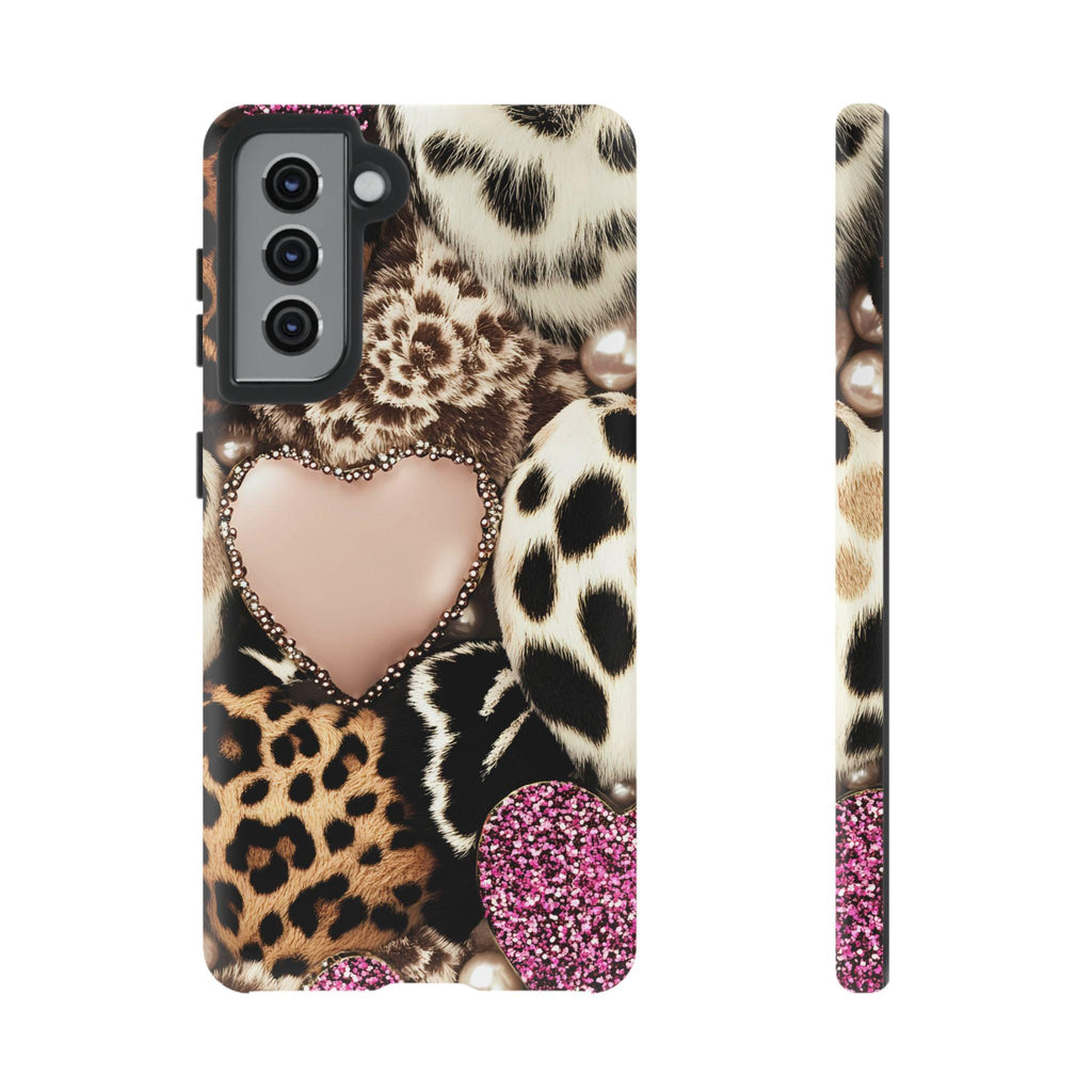 Pink Glitter Leopard Print Hearts Phone Case iPhone Galaxy Pixel,
