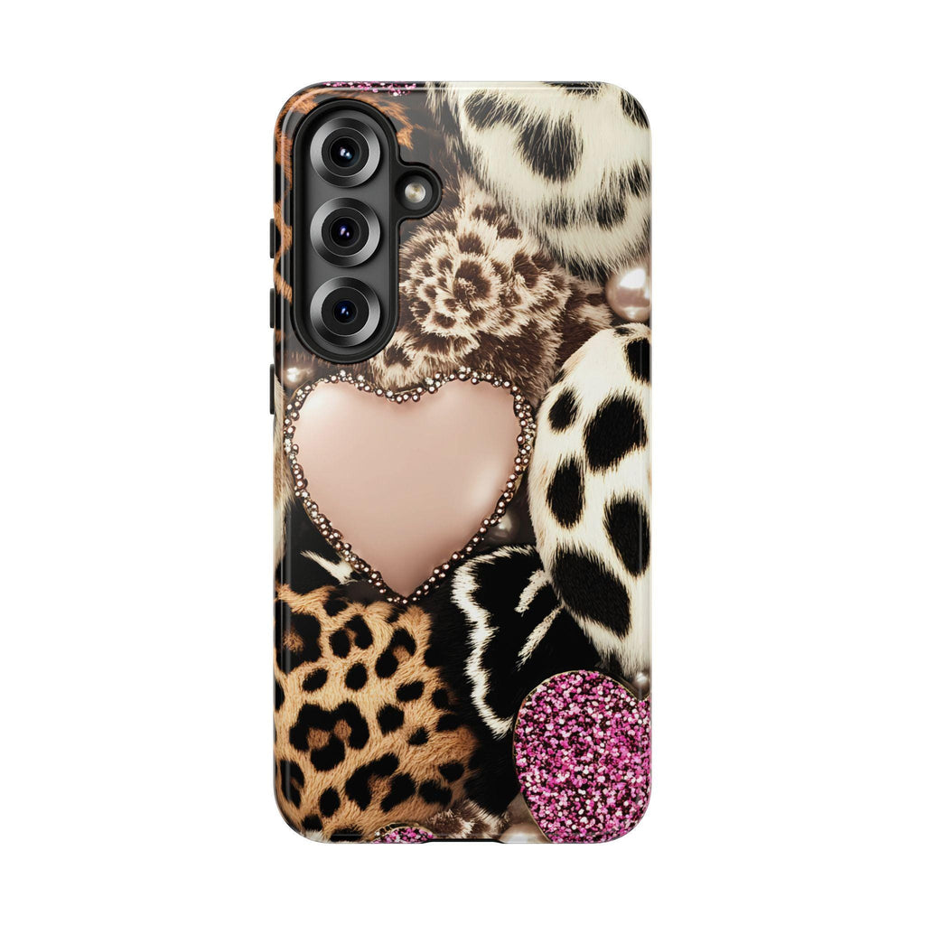 Pink Glitter Leopard Print Hearts Phone Case iPhone Galaxy Pixel,
